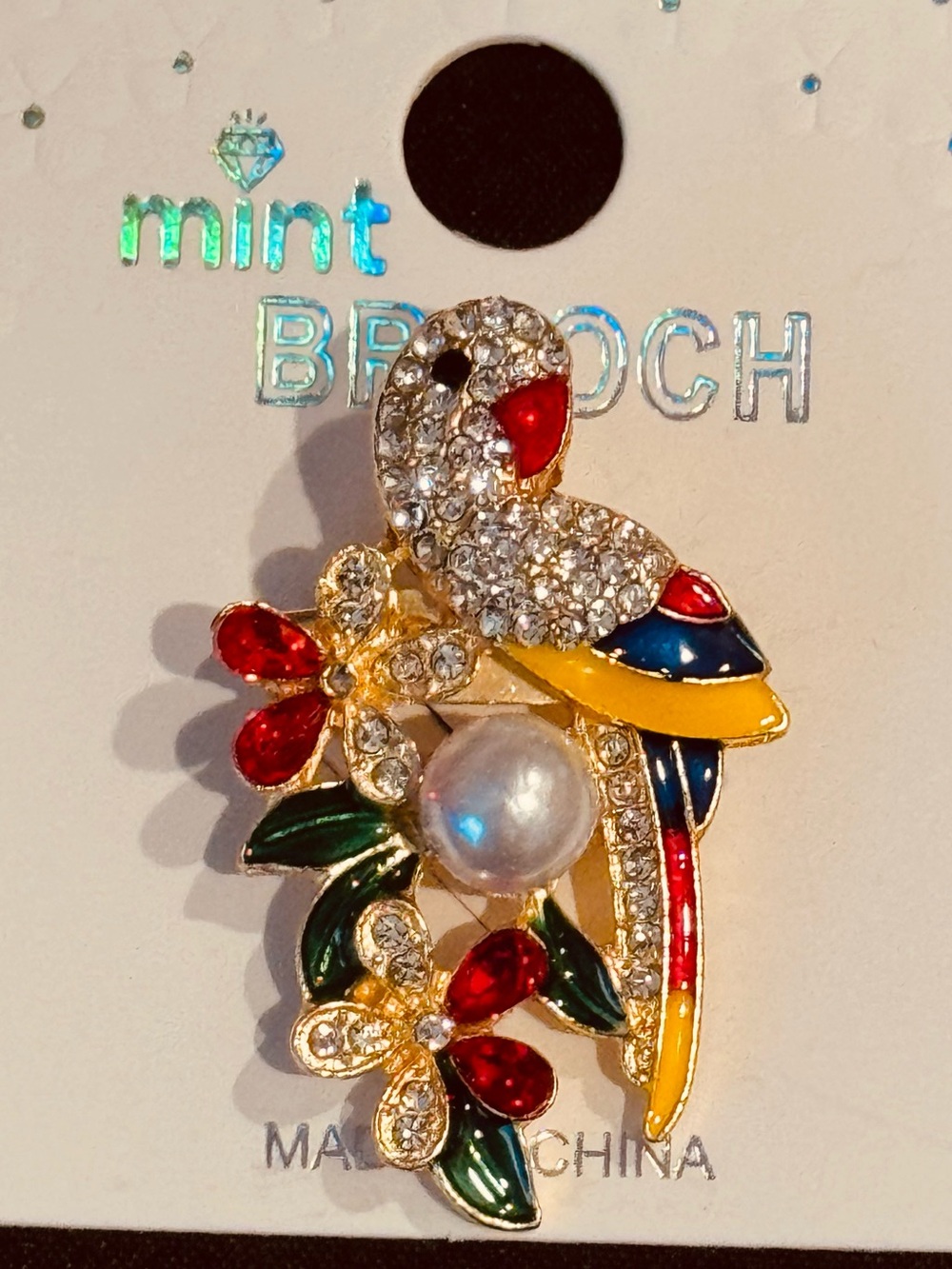 Tropical Parrot on Floral Branch Brooch - Rhinestone & Pearl Gold Tone Pin NWT